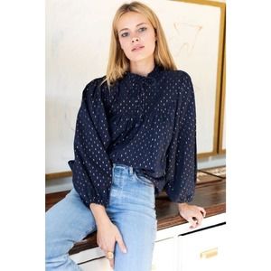 EMERSON FRY India Collection S Small Emmaline Maritime Gold Dot Lurex Top Blouse